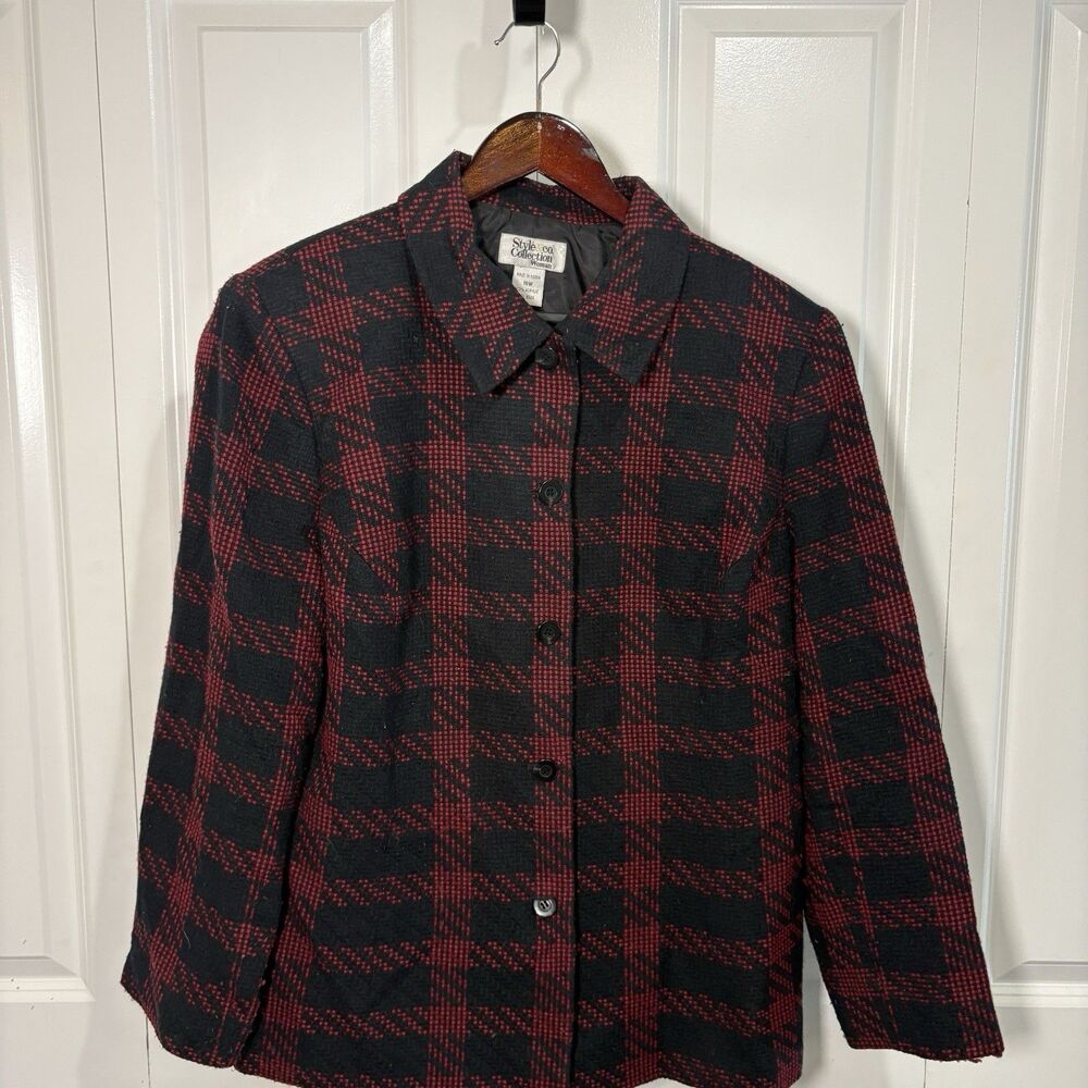 Style & Co Coat Womens 16W Red Black Plaid Button Up Plus Fall Core Timeless